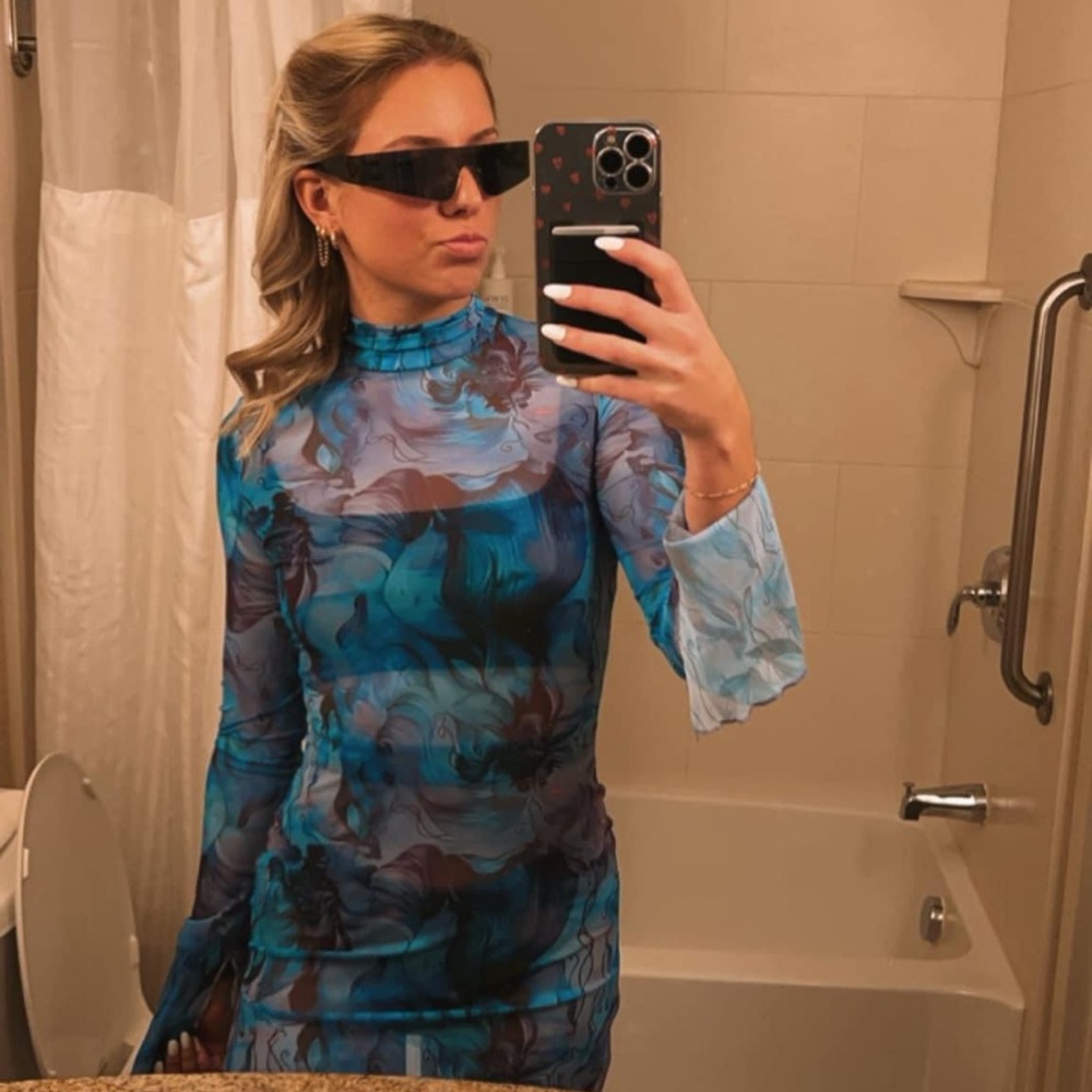 Blue and purple mesh long sleeve dress with stretchy fit